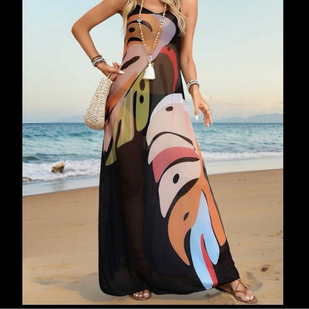 Colorful Swim Coverup Maxi Dress with Abstract Design